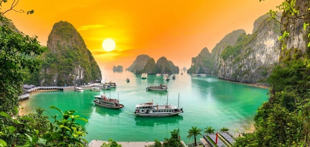Dreamy sunset landscape Halong Bay